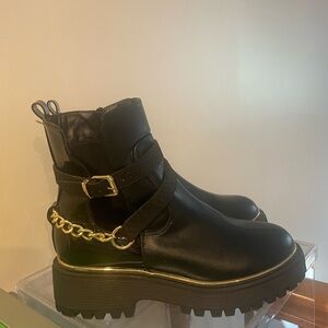 River Island Black Boots with Gold Chain Accent